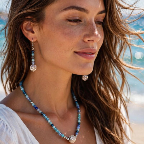Handmade blue crystal beaded jewelry set, elegant necklace and earrings