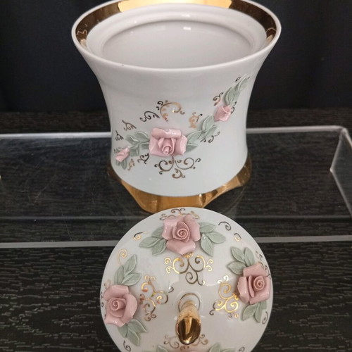 Vintage Kislovodsk USSR jar with embossed roses and lid from 1980
