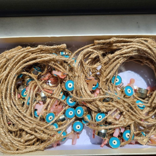 Baptism favors new for girls, bracelet with string, eye charm and pink cross, 90 pcs