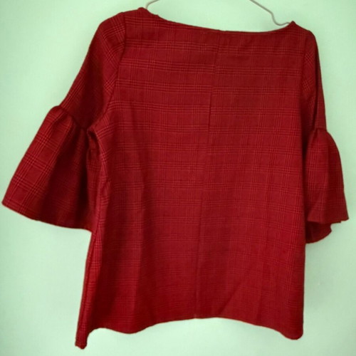 Red blouse with check pattern and dramatic sleeves, like new, size S