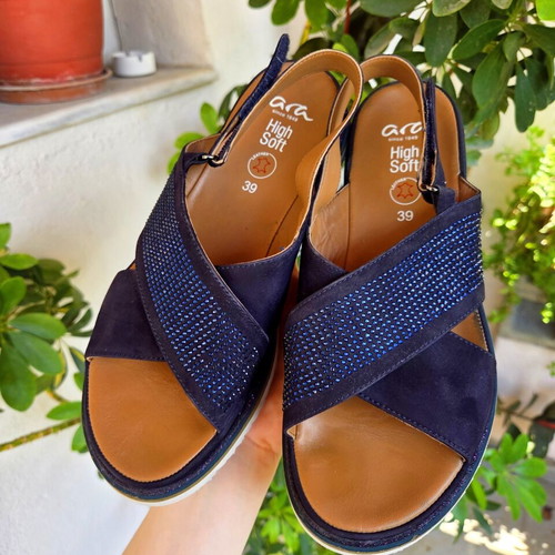 Ara high soft leather sandals with crystals size 39, like new, navy blue