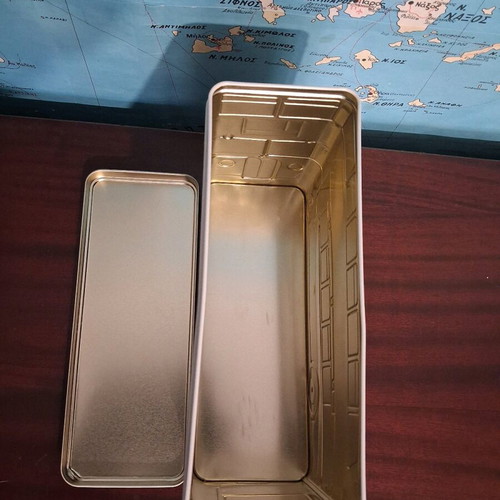 Collectible metal Walkers tin used, vintage London double-decker bus