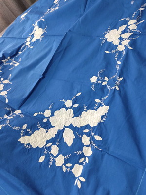 Blue cotton tablecloth new with handmade white embroidery