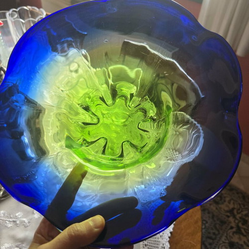 Handmade glass bowl like new, blue and lime green