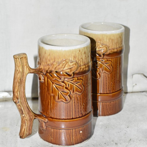 Set of 2 vintage ceramic beer mugs used with rustic wood and leaf design
