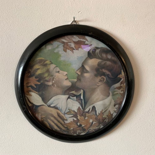 Painting used vintage round 28 cm with artist signature