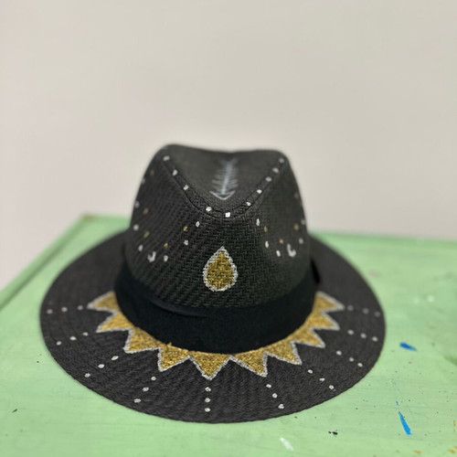 Straw hat hand-painted, new, black, adjustable size