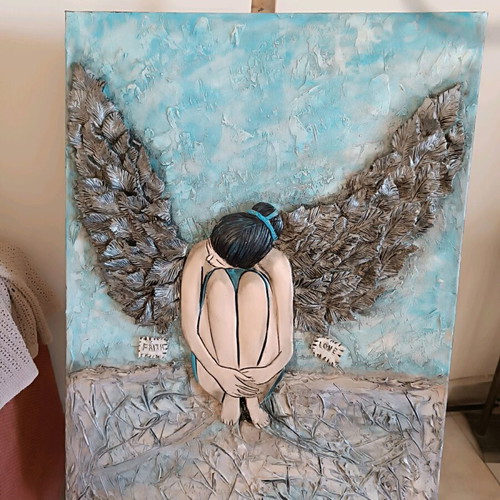 Canvas painting with handmade clay wings, new, 0.80×0.60 m