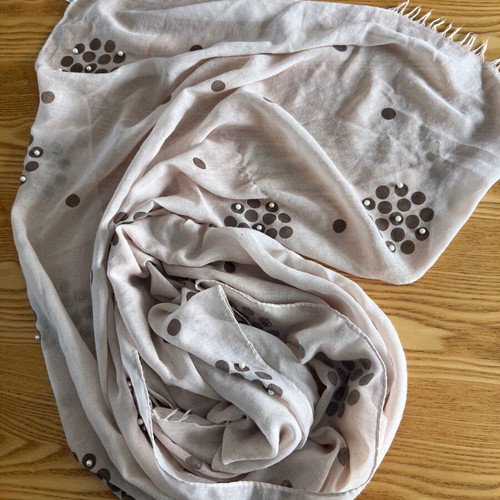 Large women's viscose scarf with pearls, beige and brown
