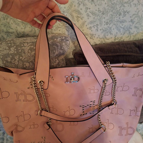 Rocco Barocco bag with embossed letters and matching pouch, pink