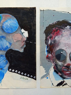 Lot of 2 expressionist portraits on paper, new, A4 size, acrylic and pencil