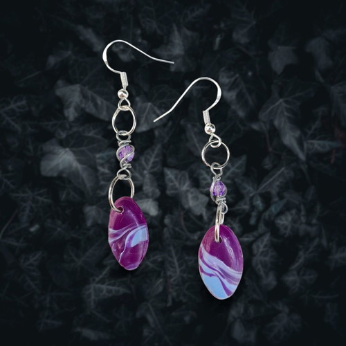 Oval earrings new with purple-blue marble effect, hypoallergenic
