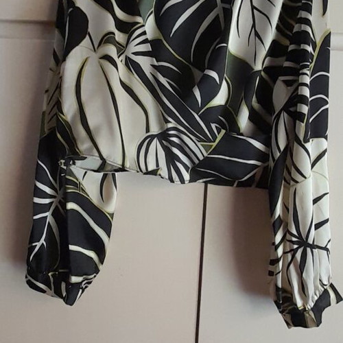 Zara satin wrap shirt with leaf pattern, size L