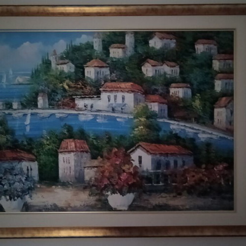Landscape painting like new with golden frame, large size