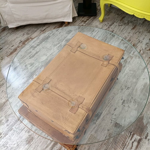 Vintage table with suitcases and round safety glass like new