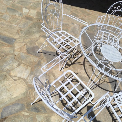 Fer Forgé garden table set with 5 chairs, painted, 90cm diameter