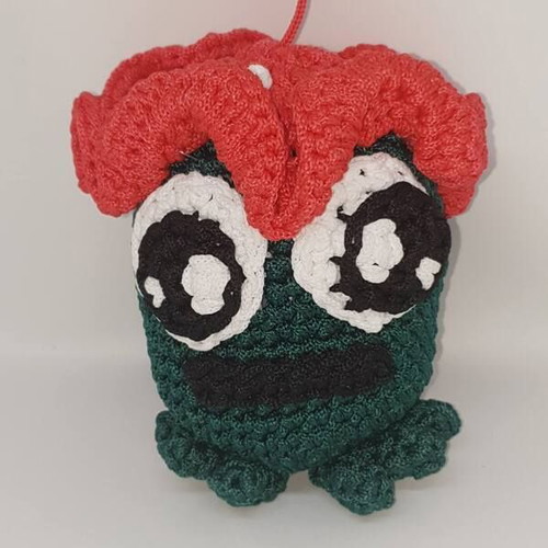 Handmade crocheted frog face doll with red hat new
