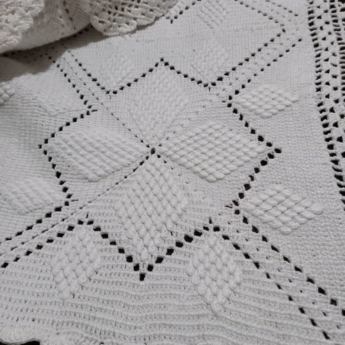 Handmade double knitted blanket new, white with lace