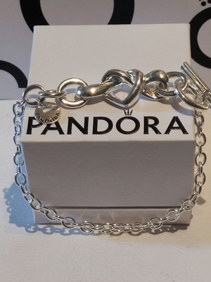 Pandora bracelet size 19 with heart design and chain, silver