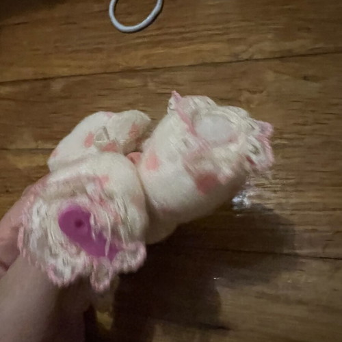 Doll with hood, missing one leg and one arm, slight tear