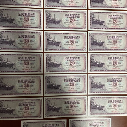 Yugoslavia 20 Dinar Banknotes 1974 unc, lot of 20 pieces