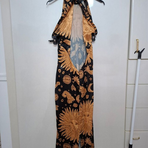 Abstracto long satin dress black with sun pattern, size L, like new