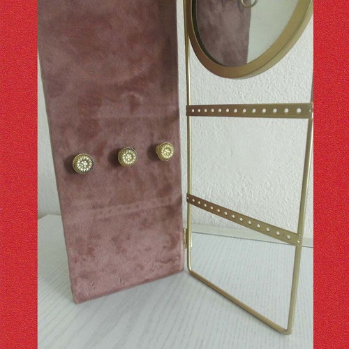 Jewelry Stand with Metal Frame and Round Mirror used, gold color