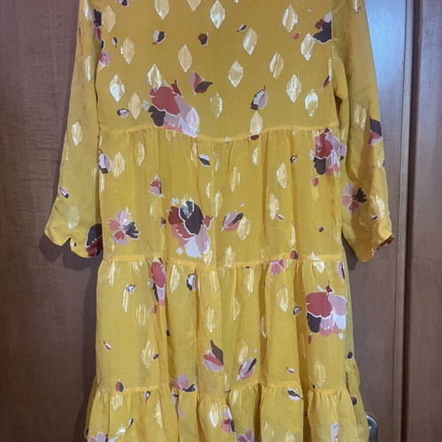 Sézane Aure silk dress used, yellow with gold floral details