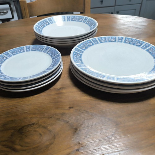 Keramikos vintage set of 12 ceramic plates with blue folk motif