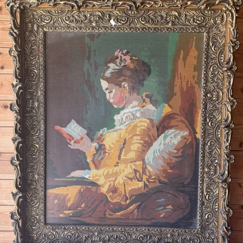 Embroidered antique textile painting used, framed 75x90cm