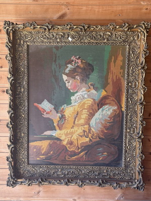 Embroidered antique textile painting used, framed 75x90cm
