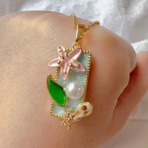 Vintage Camellia Necklace with Enamel, Pearl & Rhinestones, New