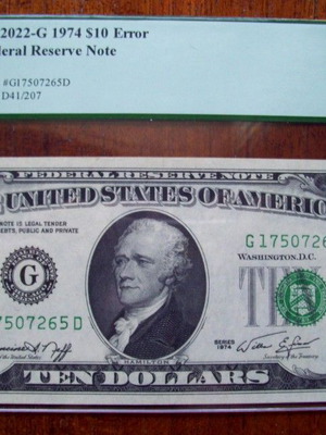 1974 $10 σημείωμα σφάλμα με εκτύπωση εκτός θέσης, πιστοποιημένο PCGS XF 45