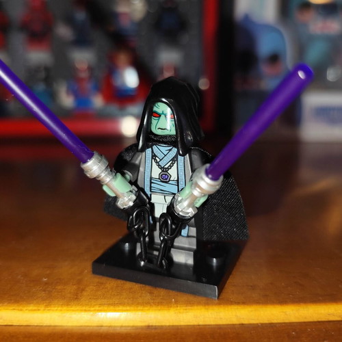 Pab Solitus figure like new with base, two purple lightsabers, black cape, chain