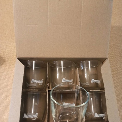 Glass cups with Buondi logo, new, 2 packs of 6