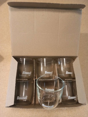 Glass cups with Buondi logo, new, 2 packs of 6