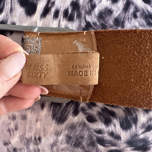 Miss Sixty brown leather belt with square metal buckle and woven texture, like new