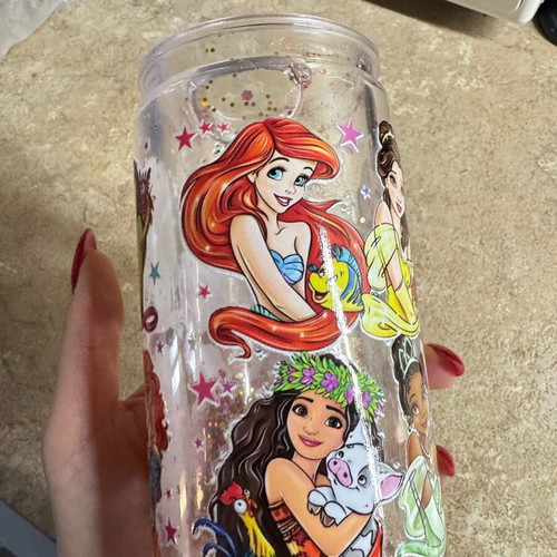 Disney glitter cup new with lid and straw holder