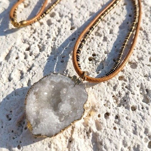 Long necklace with pendant 4x4.5 cm, leather, new
