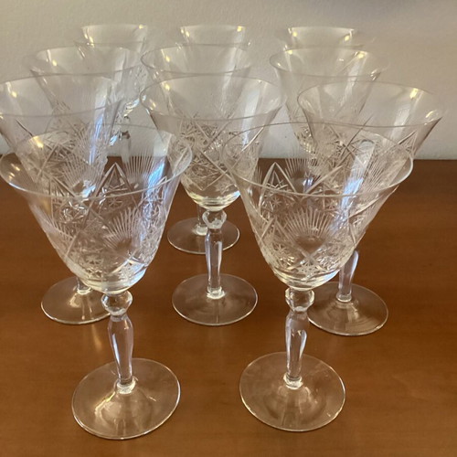 Crystal engraved water glasses 11 pieces and wine glasses 10 pieces like new
