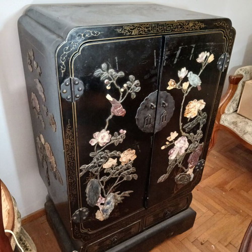 Vintage Chinese Storage Cabinet used, hand-painted with semi-precious stones
