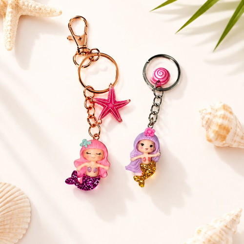 Handmade Mini Glitter Mermaid Keychains in 4 Colors with Summer Charms