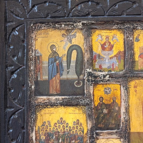 Vintage religious icon composition on carved wood, 33x26 cm