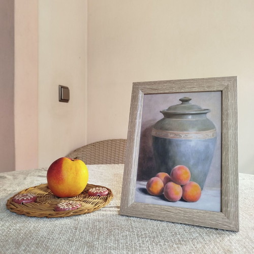 Still Life Vase with Peaches Impressionist Kitchen Art 13x18