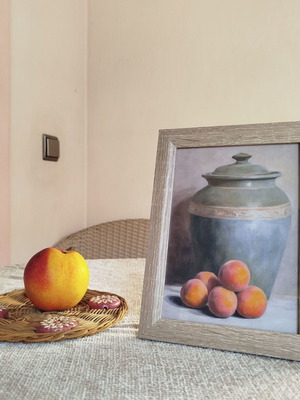 Still Life Vase with Peaches Impressionist Kitchen Art 13x18
