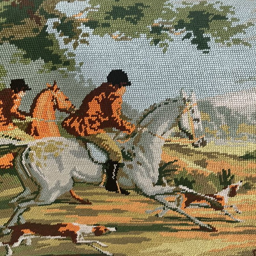 Handmade embroidered textile painting with classic hunting scene