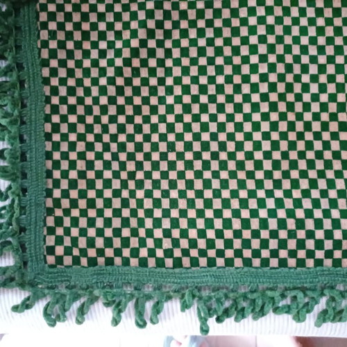 Vintage velvet green checkered tablecloth with fringes, new