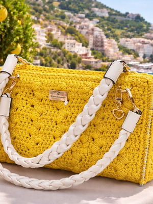 Χειροποίητη τσάντα ώμου crochet καινούργια, κίτρινη με δερμάτινες λεπτομέρειες