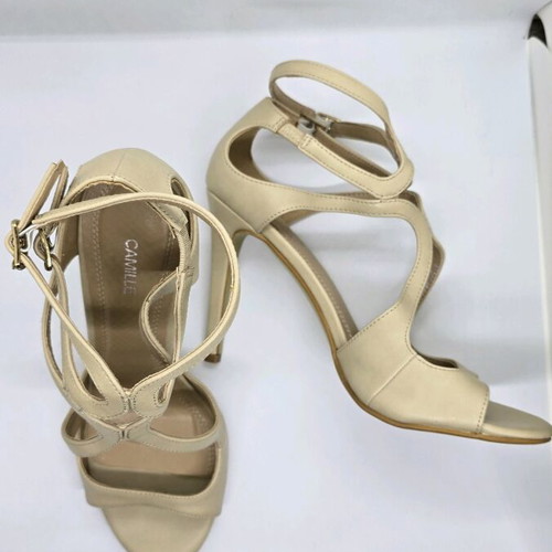 Camille beige sandals like new with double buckle, 10.5cm heels