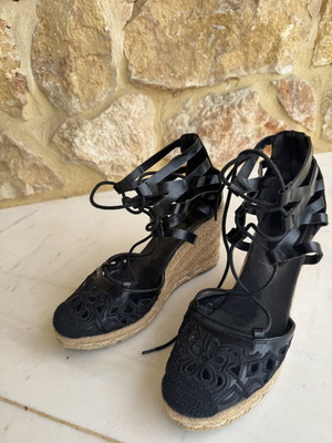 Black Wedge Espadrille Sandals lace-up, like new, size 39